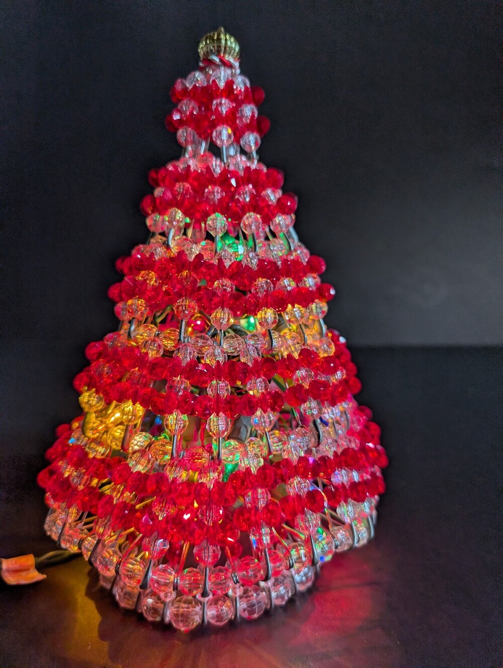 Vtg Beaded Safety Pin Christmas Tree Lights Up 10"  Tabletop Shelf Sitter MCM